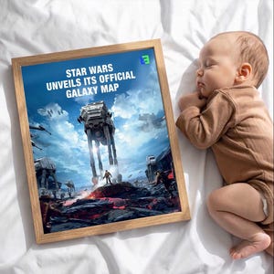 May include: A framed Star Wars poster displays the text "Star Wars Unveils Its Official Galaxy Map" and a battle scene with AT-AT walkers. A sleeping baby in a brown onesie lies beside the poster on a white sheet.