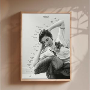 May include: A black and white framed poster featuring a person with short dark hair resting their head on their hand. The image includes a tracklist titled Daughter Don't Hell by Gracie Abrams, with song titles and durations arranged in a curved line.