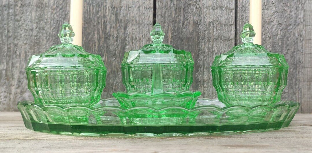 Libochovice Green Glass Vanity Dressing Table Set 7 Pieces Etsy UK