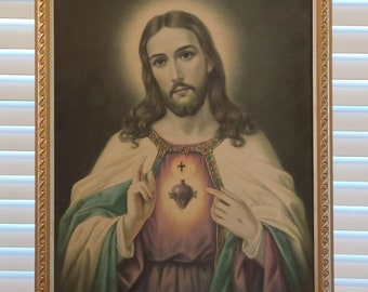 Vintage Sacred Heart Of Jesus Framed Wall Art Print 40cm x 30cm