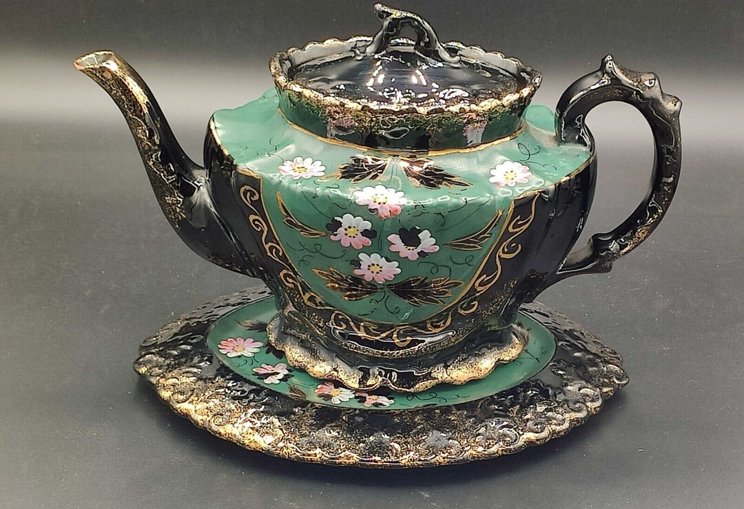 Victorian Jackfield Black Gold Gilt Green Floral Teapot With Trivet Etsy