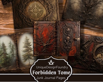 Forbidden Tome Junk Journal, 12 Printable Dark Leather Forest 3d Grimoire Junk Journal Pages, Trees and Vines Digital Art, Book of Shadows