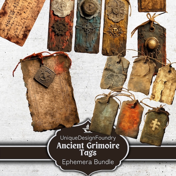 Ancient Grimoire Tags Ephemera Bundle, Realistic Old Paper Grimoire Tags Labels & Bookmarks, Witch Junk Journal Kit Ephemera Pack, 6 Pages