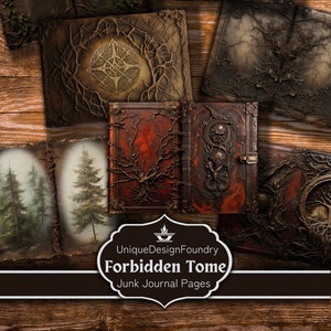 Verboden Tome Junk Journal, 12 afdrukbare donker lederen bos 3D Grimoire Junk Journal-pagina's, bomen en wijnstokken digitale kunst, boek der schaduwen