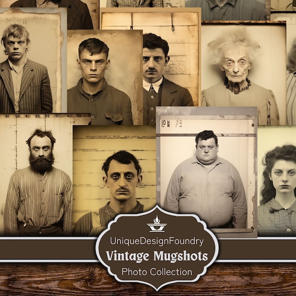 Vintage Mugshot Photo Collection, 16 Old Antique Photographs for Mixed Media Collage Criminal Lawless Wanted, Digital Ephemera Pack Images