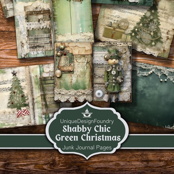 Shabby Chic Green Christmas Junk Journal Pages, 14 Pages in Winter Vintage Sage Green Lace, Pine Tree, Slow Stitching, Printable Background