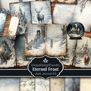 Eternal Frost Junk Journal Kit, 24 Printable Winter Forest Junk Journal Pages, Snow Ephemera Pack White Enchanted Forest, Tags and Bookmarks