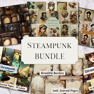 6 Item Bundle Steampunk - Junk Journal Kit Supplies Bundle Scrapbook Printable Steampunk Style, Digital Paper and Printable Ephemera Pack