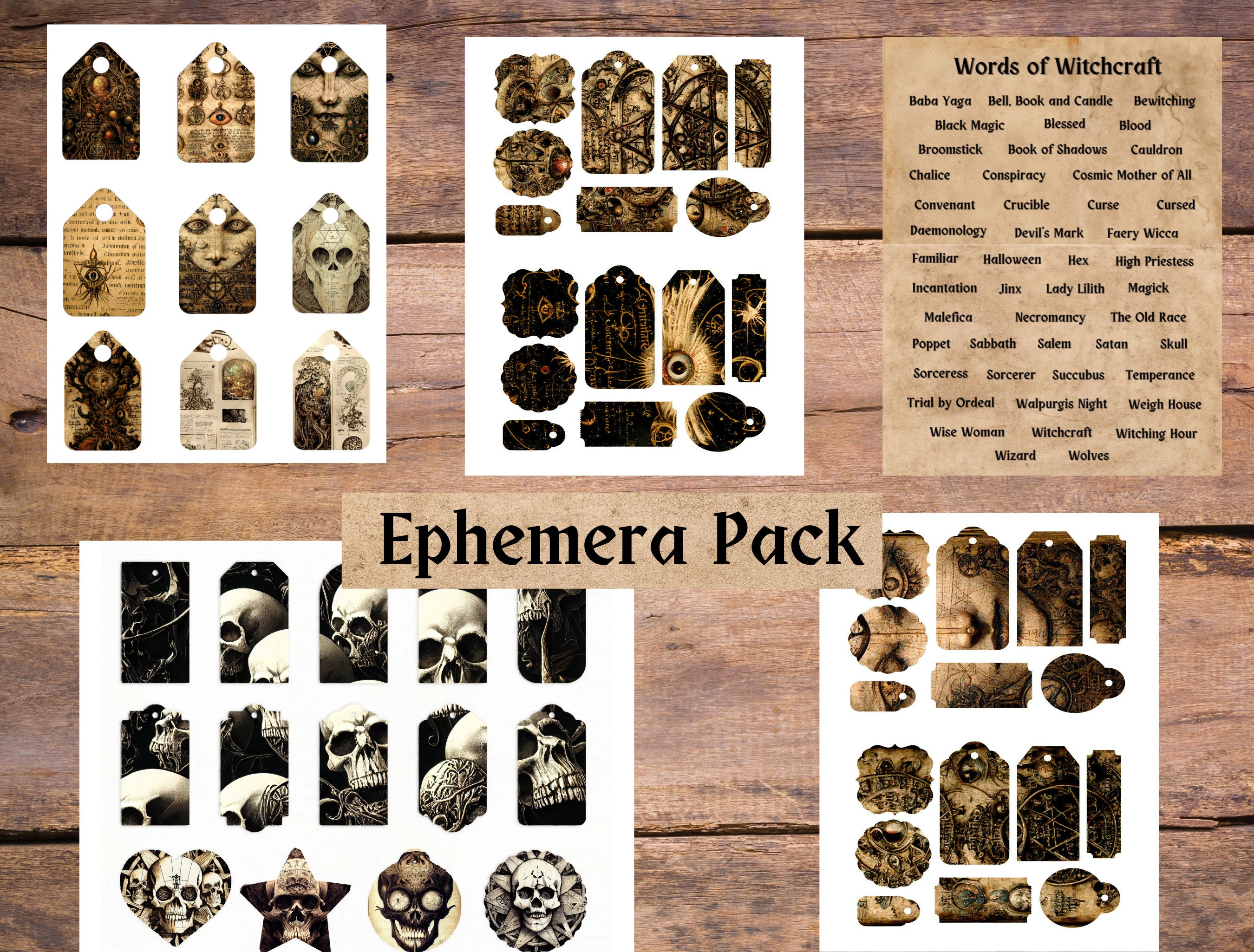 Grimoire Journal Ephemera Pack, 5 Printable Ephemera Pages, Witch Junk Journal Kit, Tags and Words, Witch Ephemera Kit, Book of Shadows