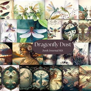 Dragonfly Dust Junk Journal Kit, 16 Printable Junk Journal Pages and 3 Ephemera Page Pack, Dragonflies Watercolor Steampunk Vintage Nouveau