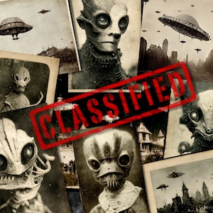 Klassifiziertes Alien Filmmaterial - 20 UFO und Alien Vintage Junk Journal Image Bundle - Download Prinatble Ephemera Digital Pack - Außerirdisch