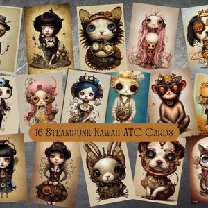 16 Steampunk Kawaii Figure ATC Cards, Kawaii Decor Stationary Junk Journal Cards, Printable Journaling Cards, Digital Download Scrapbooking
