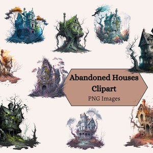 Casas abandonadas Clipart Bundle, 15 PNG Images Clip Art Pegatinas digitales Bruja Grimorio Mansión gótica Junk Journal Halloween Clipart Png