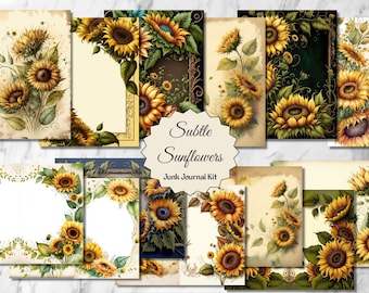 Dezentes Sonnenblumen Stationary & Junk Journal Kit, 20 Digitale Florale Sonnenblumen Buchstaben Junk Journal Seiten, Vintage Antik Stil, US Letter