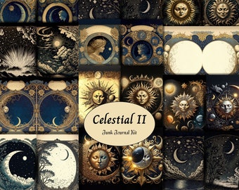 Celestial II Junk Journal Kit, 11 Celestial Sun Moon & Stars Junk Journal Pages 4 Page Ephemera Pack, Printable Grimoire Journal, US Letter