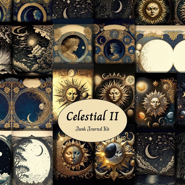 Celestial II Junk Journal Kit, 11 Celestial Sun Moon & Stars Junk Journal Pages 4 Page Ephemera Pack, Printable Grimoire Journal, US Letter