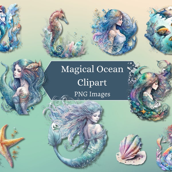 Magical Ocean Mermaid Watercolor Clipart Bundle, 18 PNG Images Digital Printable Sea Ocean Clip Art Watercolor Nautical Maritime Clipart Png