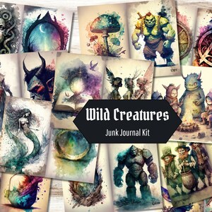 Wilde Kreaturen Aquarell Junk Journal Kit, 20 druckbare Fantasy DnD Junk Journal und 4 Ephemera Seiten Pack, Dungeons and Dragons Grimoire