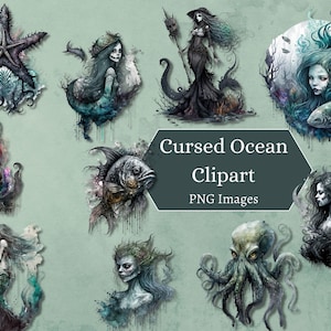 Meerjungfrau Aquarell Clipart Bundle, 22 PNG Bilder Hexe Grimoire Dark Gothic Meer Ozean Clip Art Aquarell Maritim Clipart Png