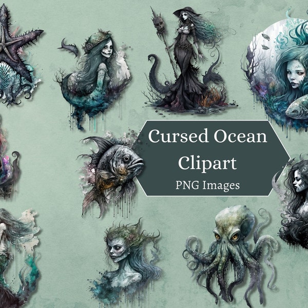 Cursed Ocean Mermaid Watercolor Clipart Bundle, 22 PNG Images Witch Grimoire Dark Gothic  Sea Ocean Clip Art Watercolor Maritime Clipart Png