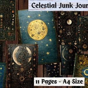 11 Celestial Junk Journal Pages e 5 Bookmarks, Moon Junk Journal Kit, Printable Digital Grimoire Journal Pages, Witch Ephemera, Astrologia