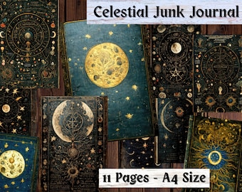 11 Celestial Junk Journal Pages and 5 Bookmarks, Moon Junk Journal Kit, Printable Digital Grimoire Journal Pages, Witch Ephemera, Astrology