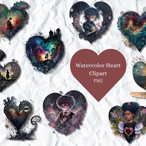 Watercolor Heart Clipart Bundle, 20 PNG Images Valentines Day Clip Art Love Hearts Digital Stickers Dark Academia Valentine Clipart Png