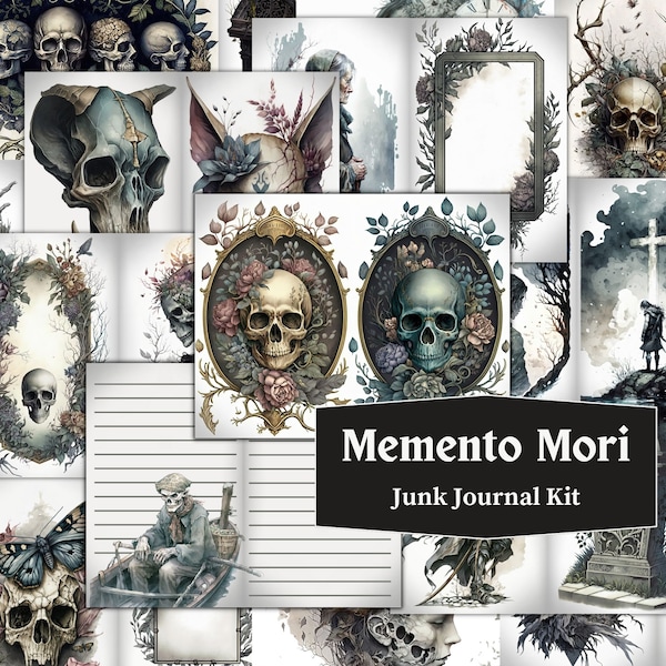 Memento Mori Junk Journal Kit, 24 Printable Death & Skull Junk Journal Pages and 4 Ephemera Page Pack, Occult Witch Grimoire Gothic Skulls