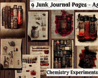 9 Grimoire Journal Pages and 4 Bookmark Designs, Chemistry Art Junk Journal Kit, Printable Digital Grimoire Pages, Ephemera Starter Kit