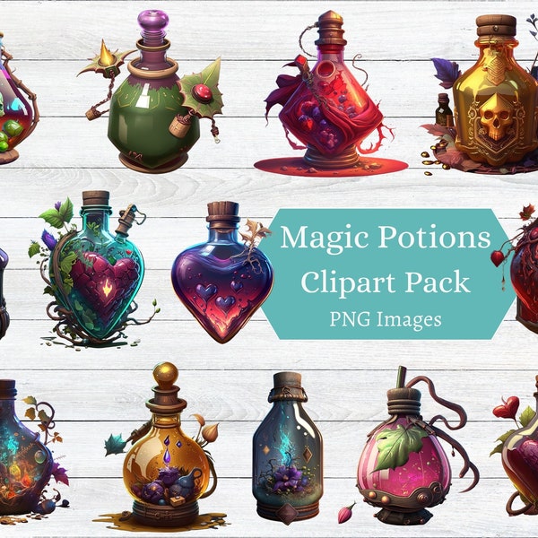 Magic Potion Bottles Clipart Bundle, 23 PNG dnd Potions Love Health Life Mana Potion Witch Tools Magic Stickers Clip Art Sublimation Png