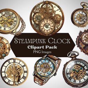 Steampunk Clock Clipart Bundle, 16 PNG Pocket Watch Steampunk Clock Mechanical Watches Time Stickers, Steampunk Vintage Digital Clip Art Png