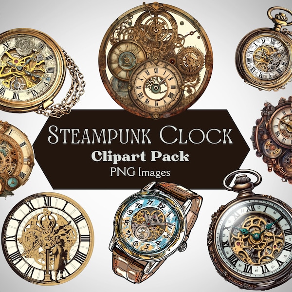 Steampunk Clock Clipart Bundle, 16 PNG Pocket Watch Steampunk Clock Mechanical Watches Time Stickers, Steampunk Vintage Digital Clip Art Png