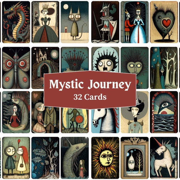 Mystic Journey Art Cards, 32 Tarot Divination Junk Journal Card Surreal Art Ephemera Pack, Digital Printable Artist Trading Journaling Cards