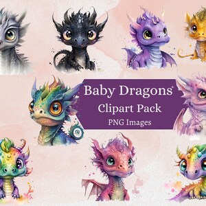 Baby Dragons Aquarell Clipart Bundle, 16 PNG Bilder Drache Fantasy DnD Magic Cute Stickers Digital Printable Decor Clip Art Aquarell Png