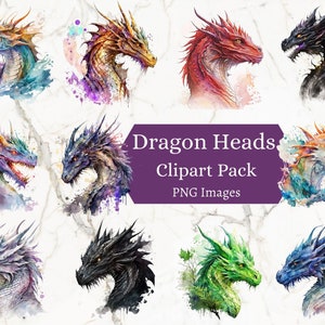 Dragon Heads Watercolor Clipart Bundle, 20 PNG Images Dragons Fantasy DnD Magic Stickers Digital Printable Decor Clip Art Watercolor Png