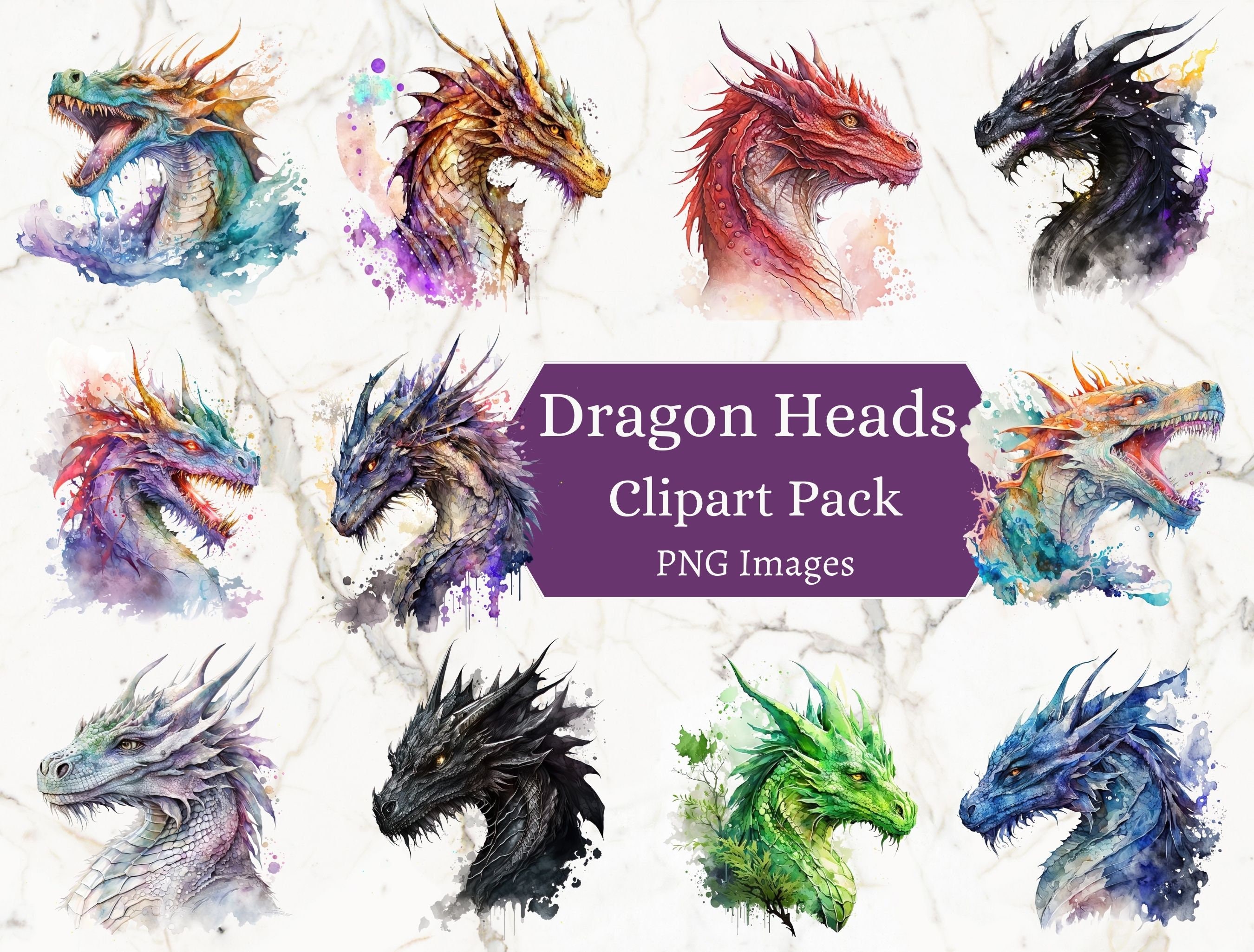Dragon Heads Watercolor Clipart Bundle 20 PNG Images Dragons - Etsy