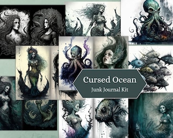 Cursed Ocean Mermaid Watercolor Junk Journal Kit, 20 Witch Mermaid Spooky Sea Water Printable Junk Journal Pages and 4 Ephemera Pages Pack