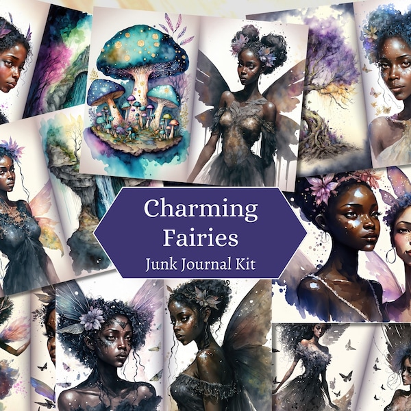 Charming Fairies Junk Journal Kit, 15 Printable Watercolor Junk Journal Pages Black Woman Girl Magic Fairy Tale Ephemera Pack, US Letter
