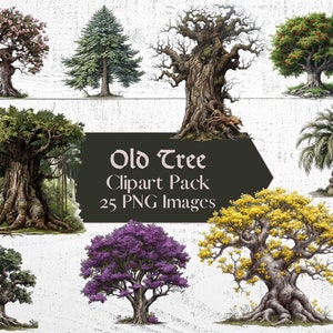 Oude Boom Clipart Bundel, 25 PNG Forest Woodland Tree Plant Digitale Afdrukbare Clip Art, Cherry Pine Tree of Life Enchanted Forest Clipart Png