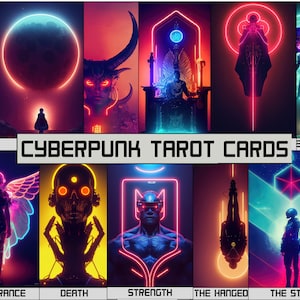 Cartas de tarô Cyberpunk, 22 cartas de arcanos principais e 4 designs de verso de cartas, baralho de cartas de tarô para impressão digital, design de cartas Vaporwave Cyberpunk