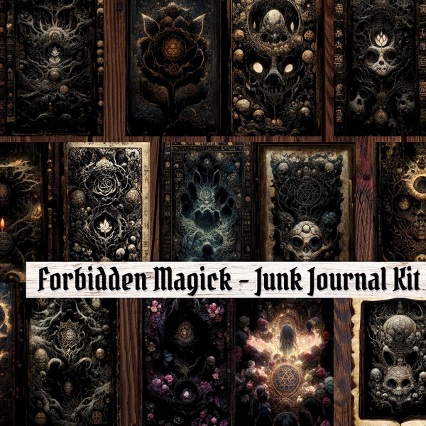 Forbidden Magick Grimoire Junk Journal Kit, 11 Printable Witch Junk Journal Pages and 3 Ephemera Page Pack, Witch Ephemera Kit, US Letter