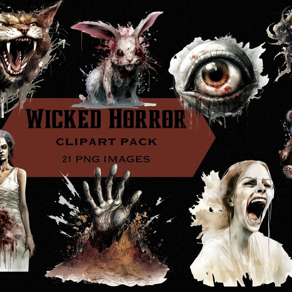 Wicked Horror Clipart Bundle, 21 PNG Images Horror Spooky Printable Stickers Dark Gothic Halloween Clip Art, Sublimation Horror Clipart Png
