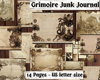 Grimoire Journal, 14 Printable Digital Grimoire Pages, Gothic Junk Journal Pages, Antique Junk Journal Ephemera Starter Kit, Book of Shadows