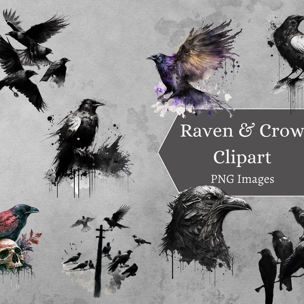 Raven & Crow Watercolor Ink Clipart Bundle, 17 PNG Images Clip Art Digital Stickers Witch Grimoire Gothic Junk Journal Halloween Clipart Png