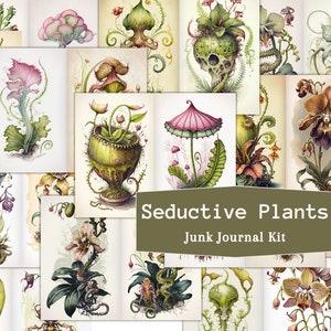 Kit de diario basura de plantas seductoras, 17 páginas, plantas carnívoras venenosas, orquídeas, hierbas, arte floral, conjunto de impresión botánica mágica, carta de EE. UU.