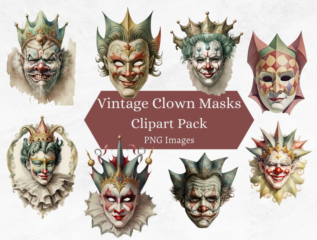 Vintage Clown Mask Clipart Bundle, 16 PNG Clown Face Masks Circus