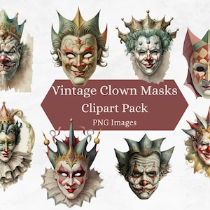 Vintage Clown Mask Clipart Bundle, 16 PNG Clown Face Masks Circus Pastel Watercolor Stickers Carnival Vintage Decor, Sublimation Clipart Png