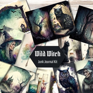 Wild Witch Watercolor Junk Journal Kit, 20 Printable Junk Journal Pages and 4 Ephemera Pages Pack, Grimoire Wicca Book of Shadows, US Letter