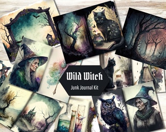 Wild Witch Watercolor Junk Journal Kit, 20 Printable Junk Journal Pages and 4 Ephemera Pages Pack, Grimoire Wicca Book of Shadows, US Letter