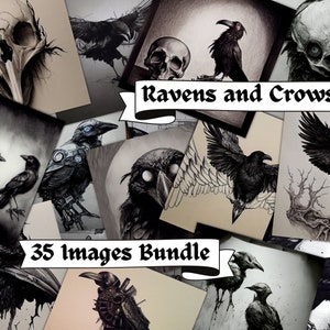 Raven and Crow Images Bundle for Junk Journal Pages, 35 Digital Grimoire Journal Images, Witch Junk Journal Ephemera Kit, Black and White